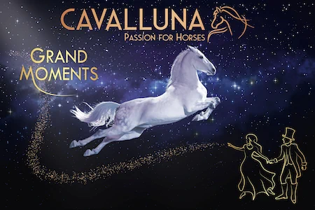 Ein weißes Pferd springt getreckt vor einem dunkelblauen Hintergrund. Das ist das Logo von CAVALLUNA - Grand Moments