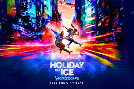 Das Logo von Holiday on Ice mit zwei Schlittschuhläufern vor einem knallig bunten Hintergrund